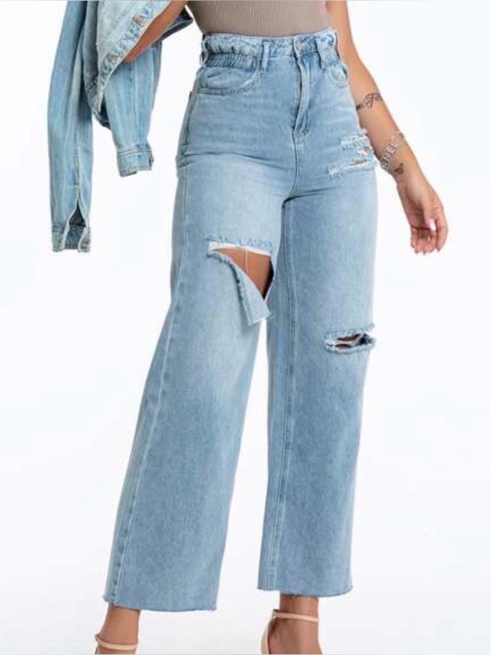 Light Blue Super High-Waist Distressed Wide-Leg Jeans